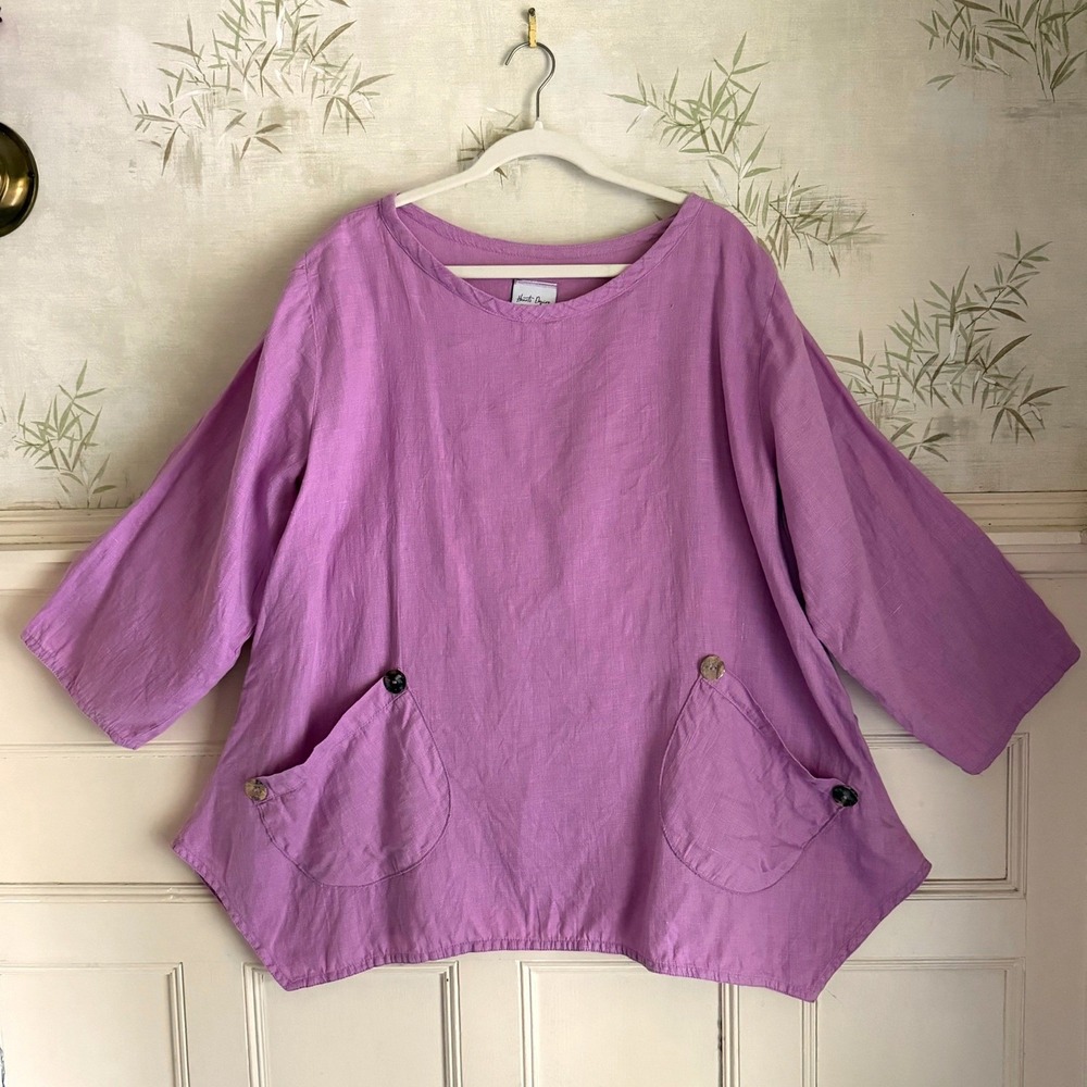 Hearts Desire Marie Grace Linen Tunic Top Pink Lagenlook Sharkbite Hem Large